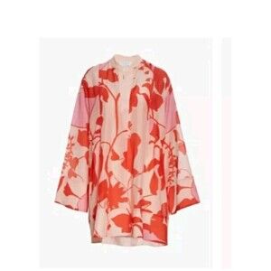 La Ligne Aarons Mini Dress Size S Floral  Sheer Split Neck Peach/pink/Red